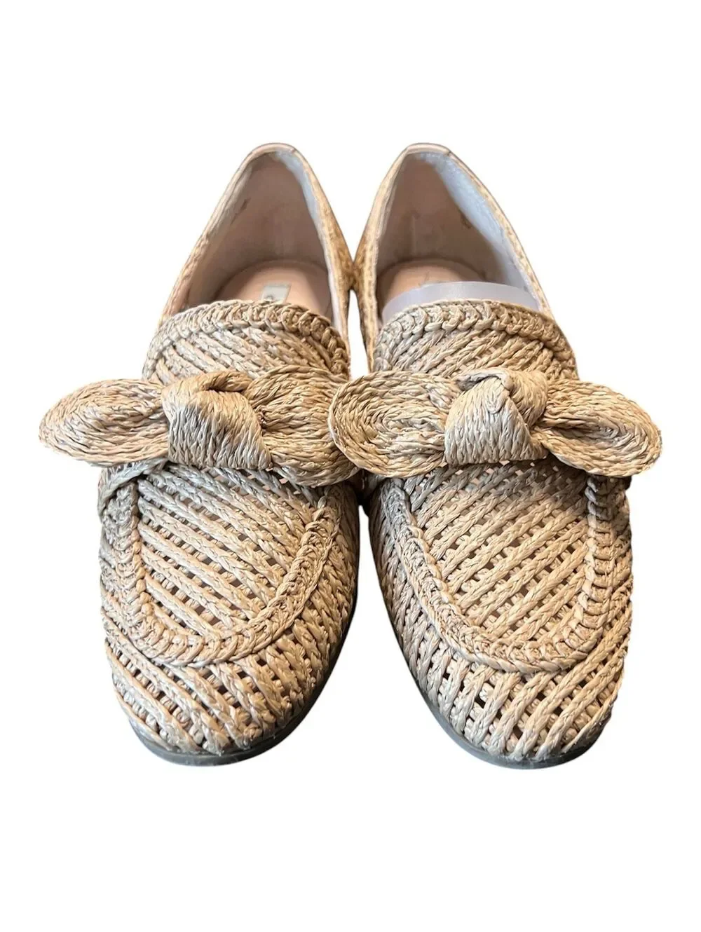 Charles David Finite Natural Woven Raffia Loafer Flats Almond Toe Bow Detail 9M